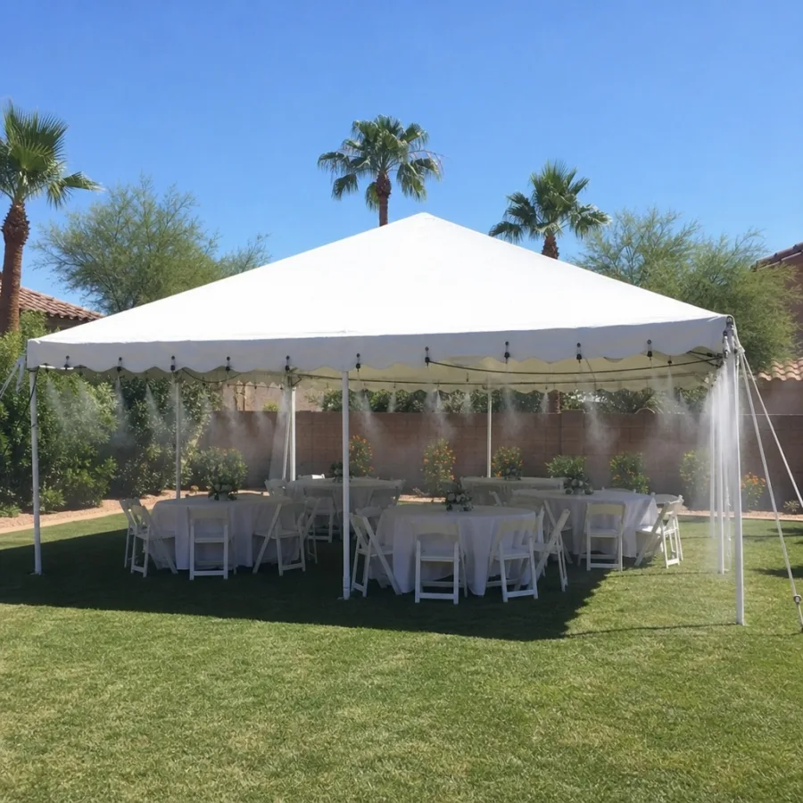 White event tent with misting system set up on a sunny Phoenix lawn