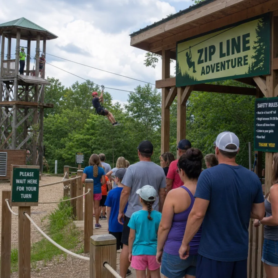 family-friendly zip line attraction with guests waiting in line