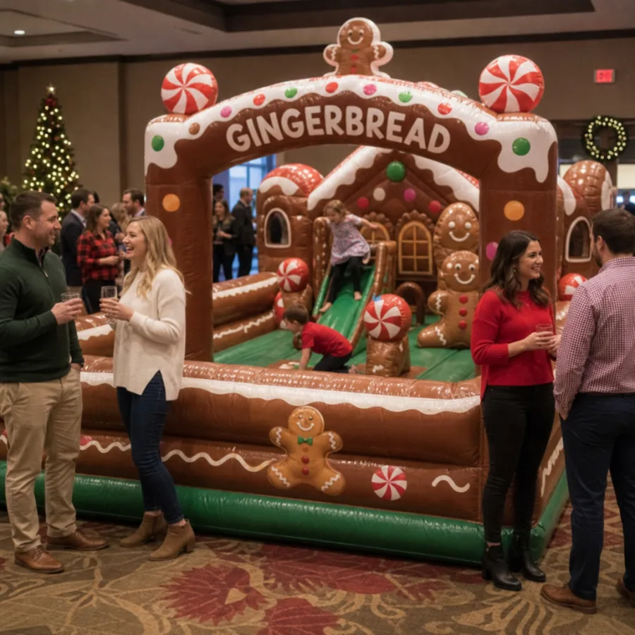 Holiday party guests enjoying a gingerbread inflatable activity area