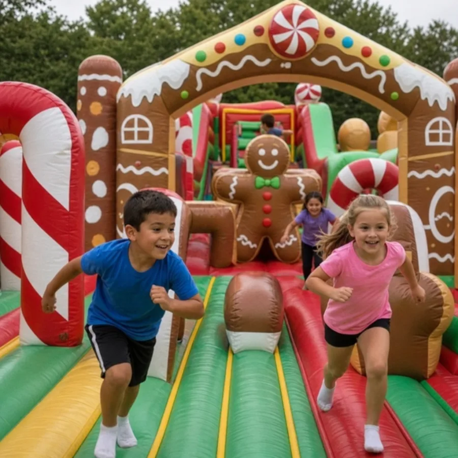 Children racing through a gingerbread themed inflatable obstacle course