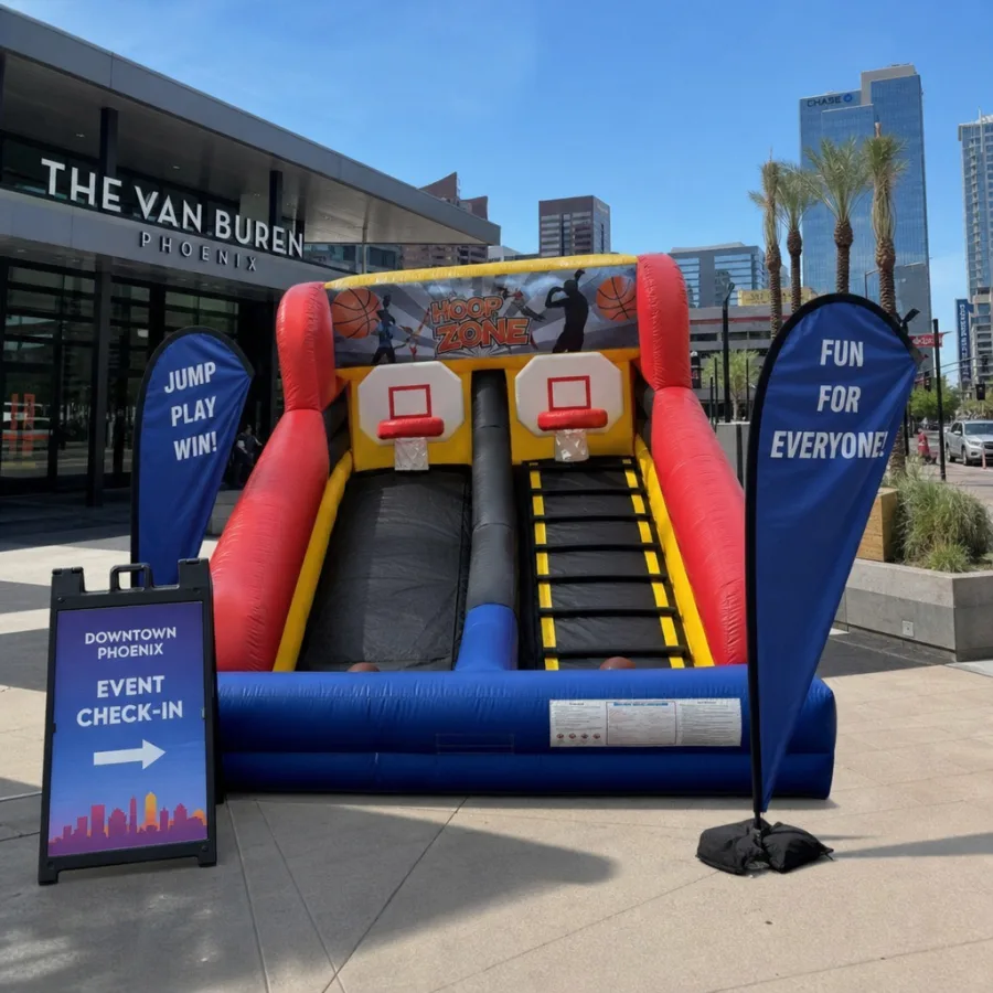 Inflatable game setup outside a downtown Phoenix event venue
