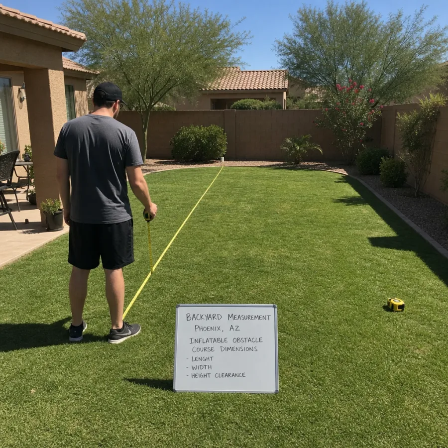 Measuring a green backyard lawn in Phoenix for inflatable obstacle course dimensions and clearance