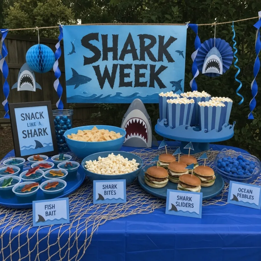 Shark Week party snacks and blue ocean decorations on an outdoor table