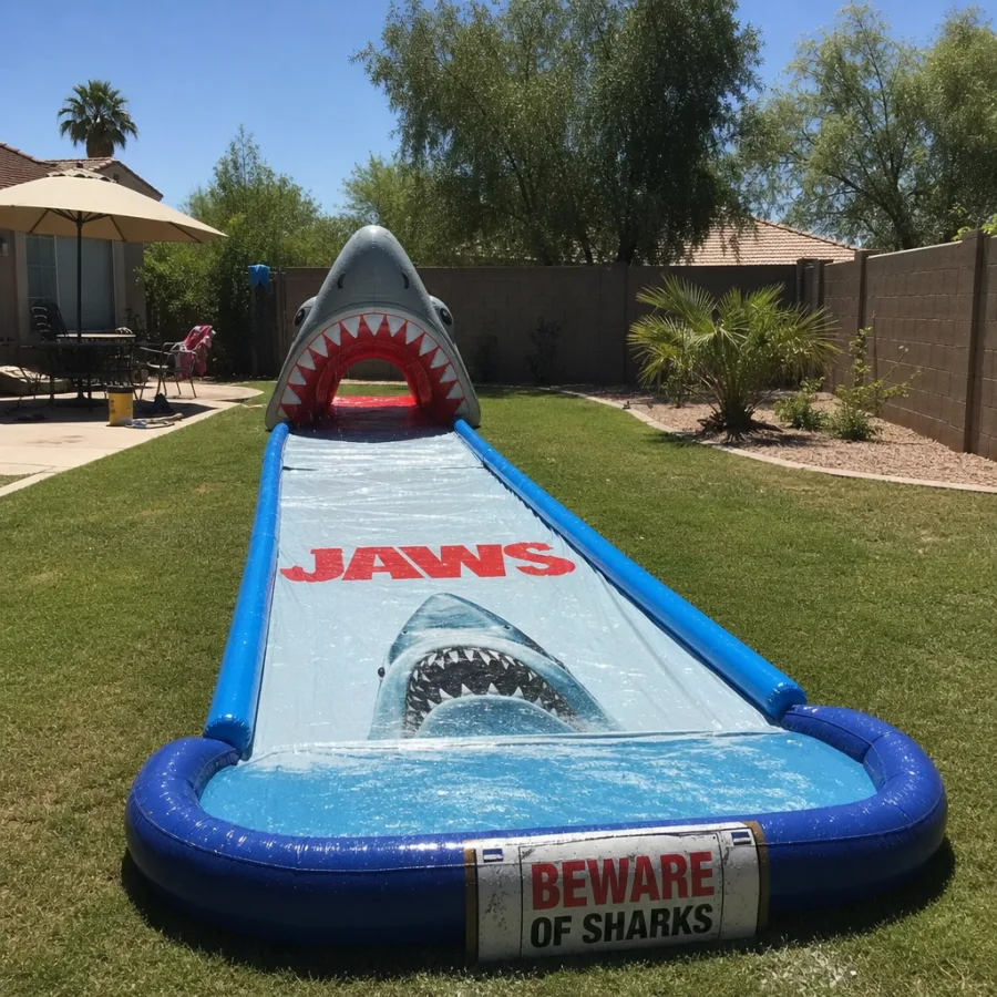Jaws themed slip n slide set up in a sunny Phoenix backyard
