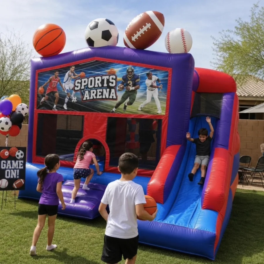 children enjoying a sports-themed inflatable at a Phoenix backyard party
