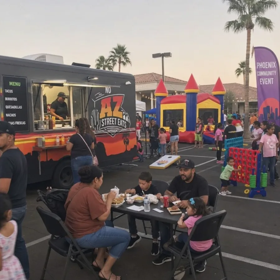 Families enjoying food truck meals beside bounce house and kid games at Phoenix community event