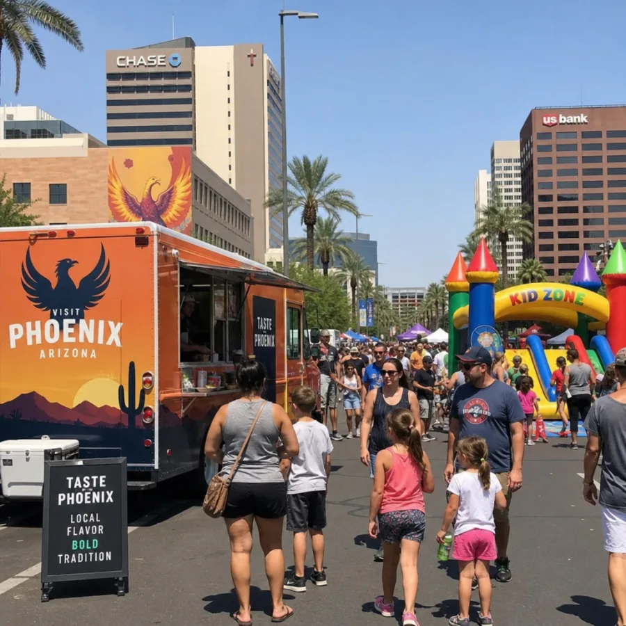Phoenix street festival with branded food truck and colorful inflatable kid zone