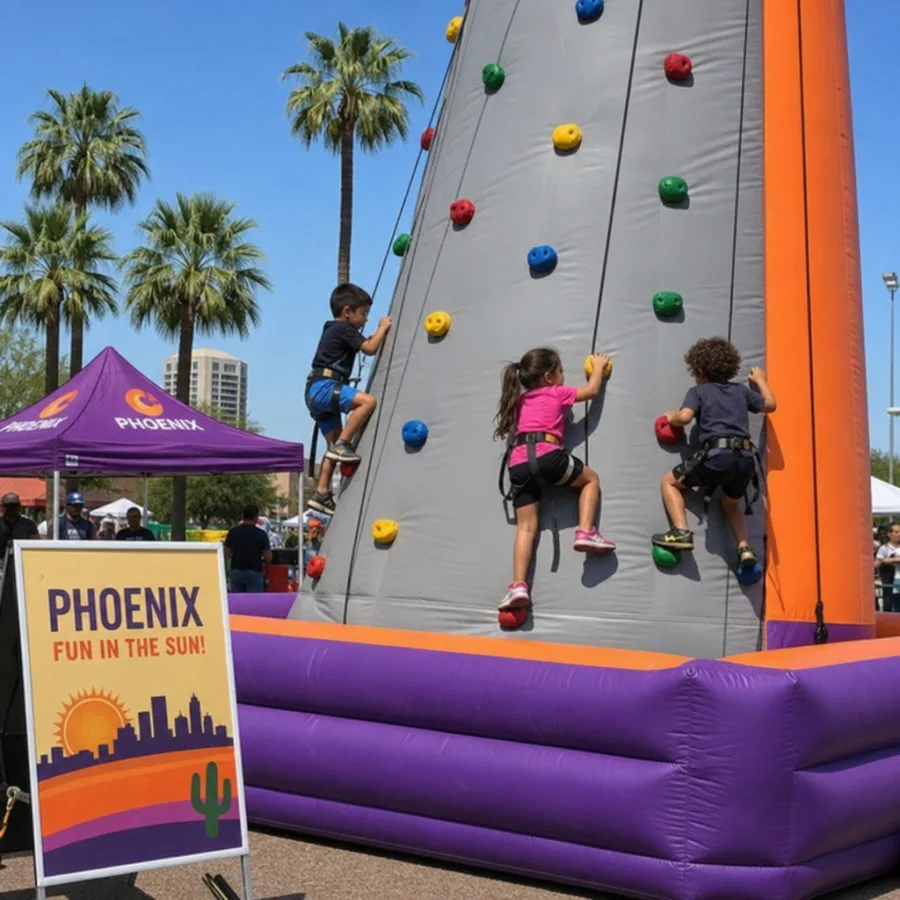 children climbing an inflatable rock wall at an outdoor Phoenix event