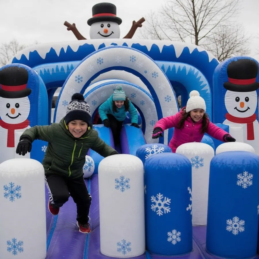 kids racing through a winter themed inflatable obstacle course