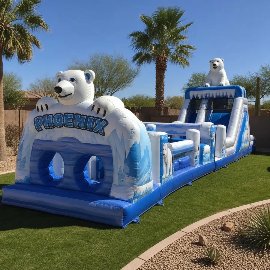 polar bear themed inflatable obstacle course set up for a Phoenix party