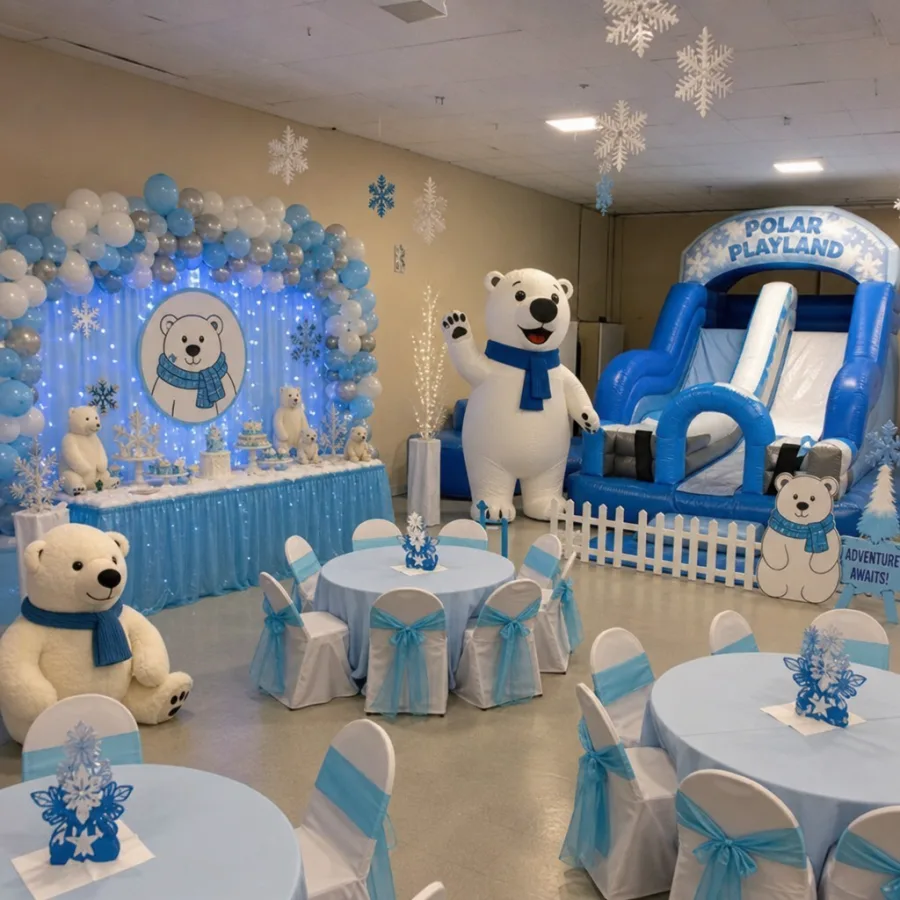 family friendly winter party setup with polar bear decorations and inflatable attraction