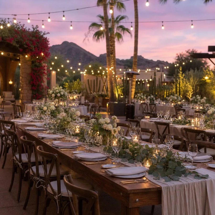 An elegant outdoor wedding reception setup with wooden farm tables and string lights in Phoenix