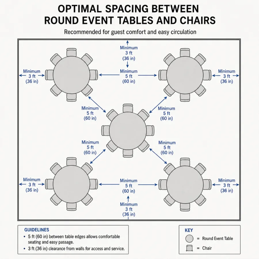 A diagram showing optimal spacing between round event tables and chairs