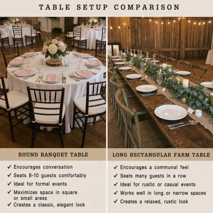 A comparison of a round banquet table setup and a long rectangular rustic farm table