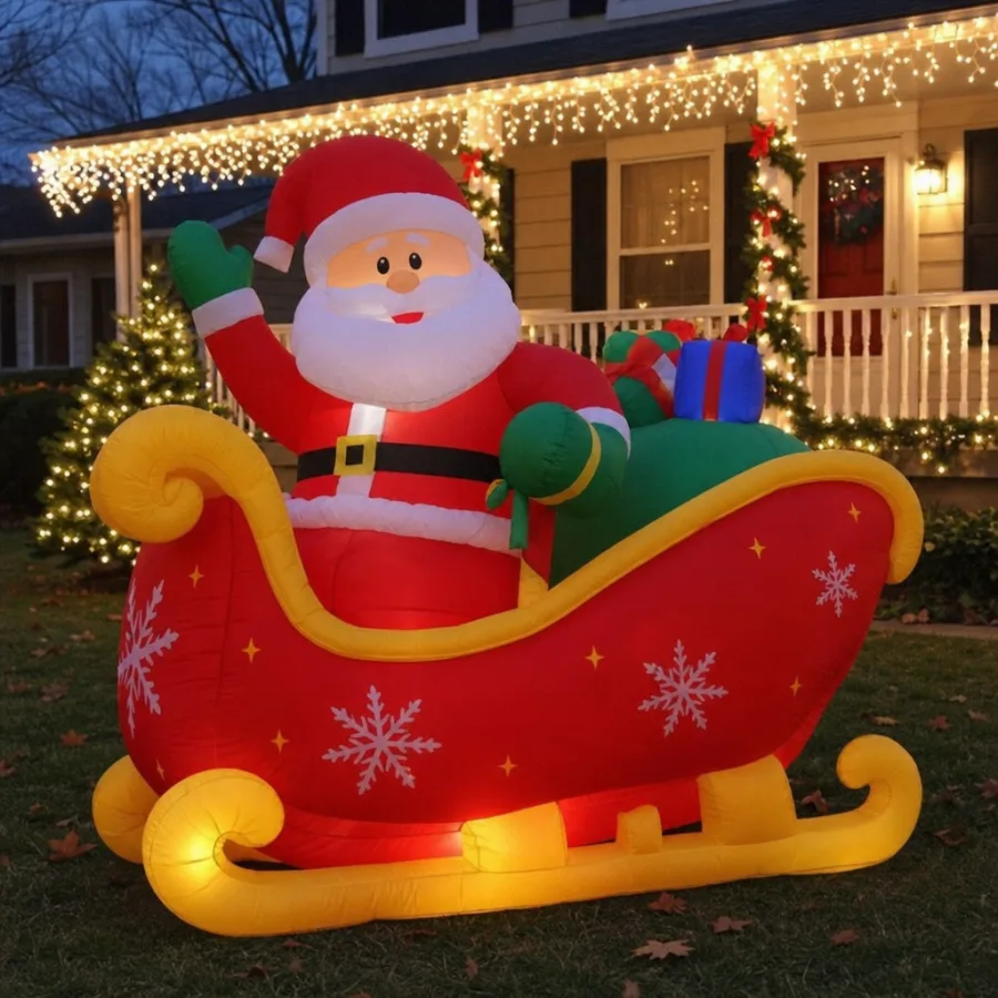 Holiday display with a giant inflatable Santa sleigh