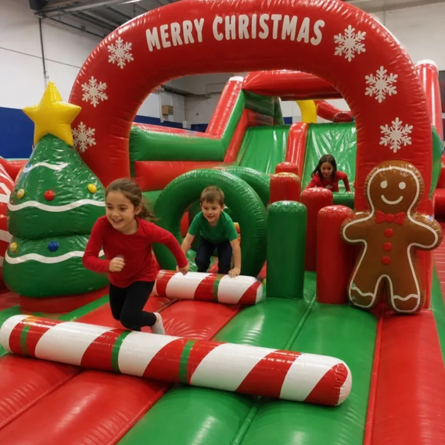 Children racing through a Christmas obstacle course inflatable