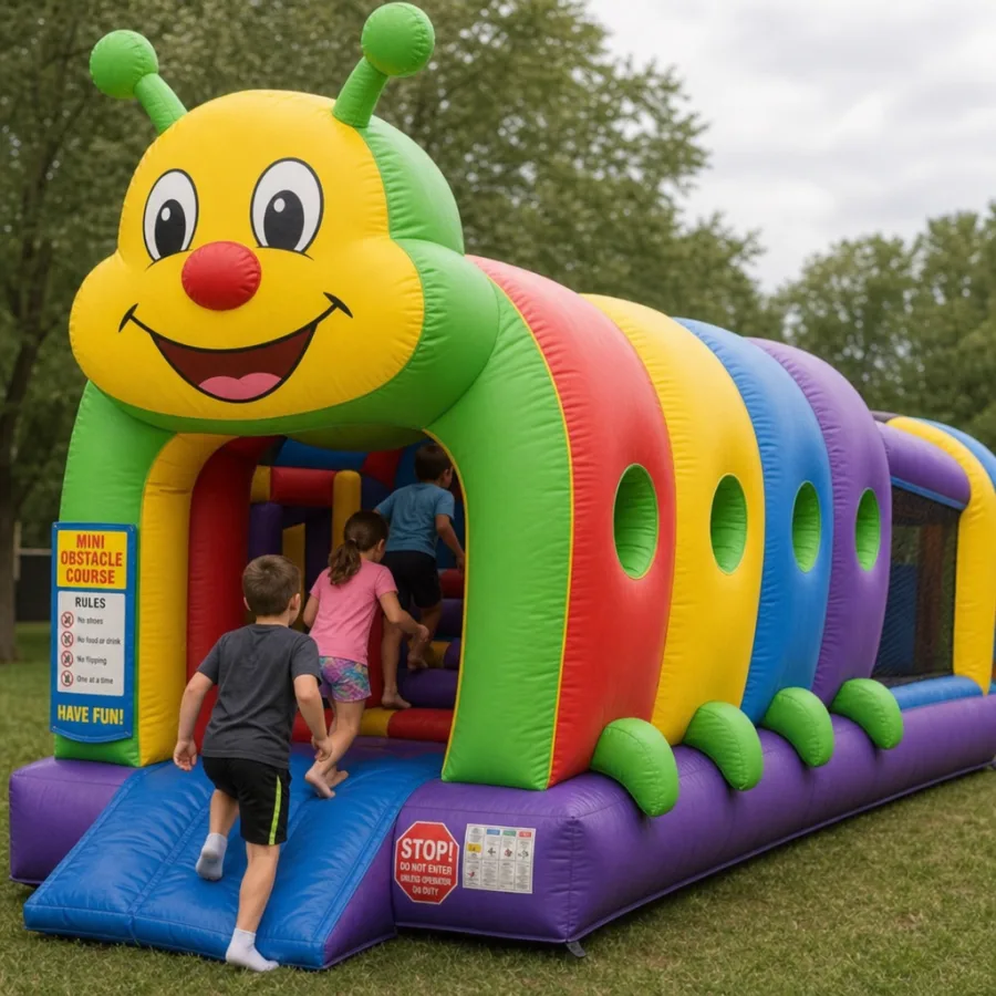 Children entering a mini obstacle course inflatable with a cheerful caterpillar design