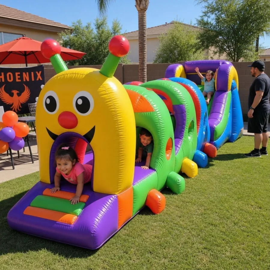 Colorful caterpillar mini inflatable obstacle course at a Phoenix backyard party
