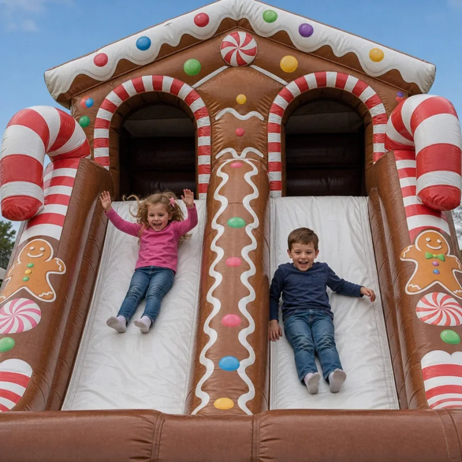 Children racing down a gingerbread themed dual lane inflatable slide