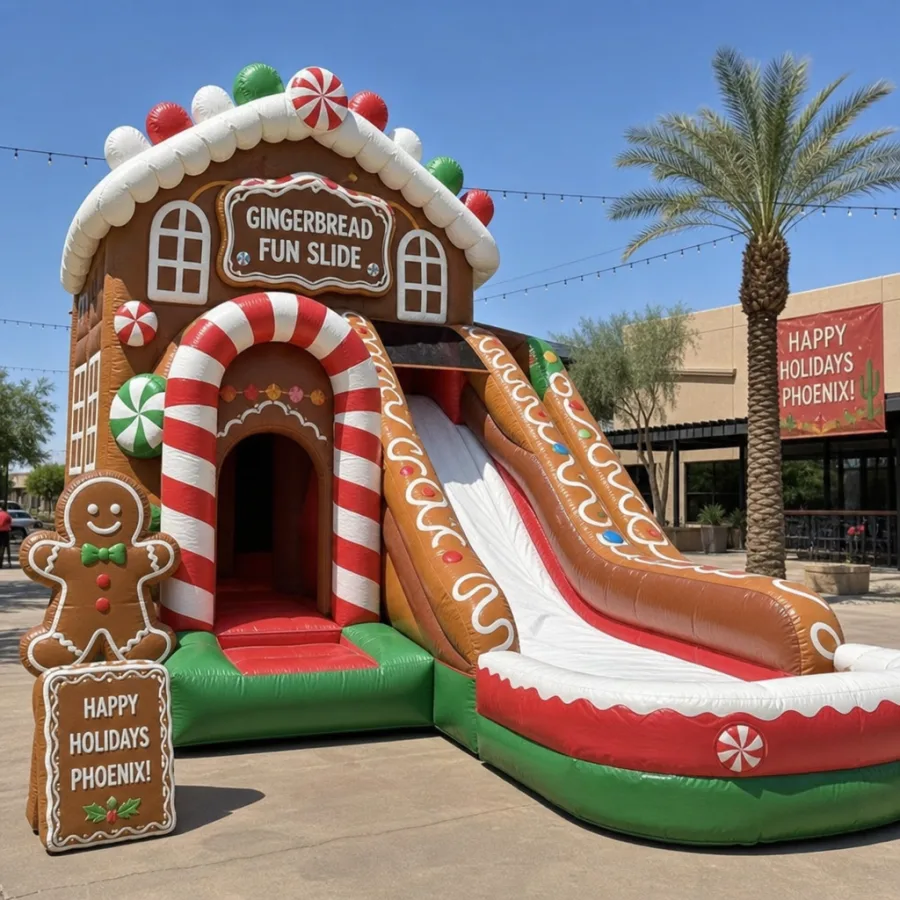 Gingerbread themed inflatable slide set up for a Phoenix holiday party