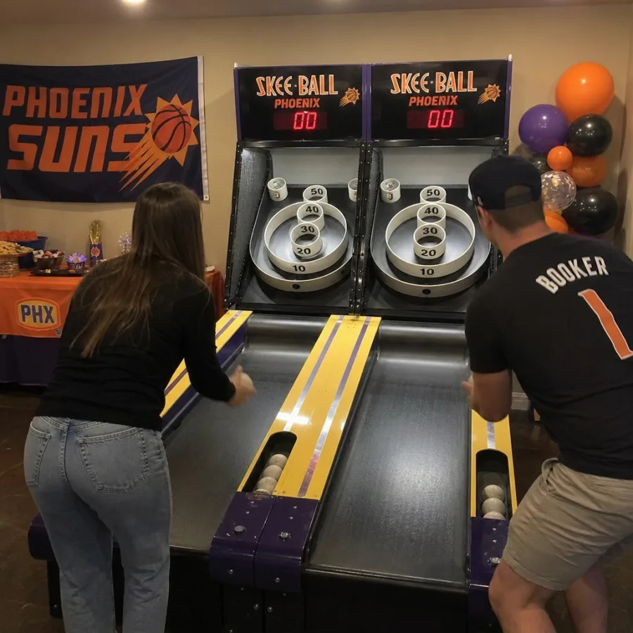 Two-player skee ball game set up at a Phoenix party