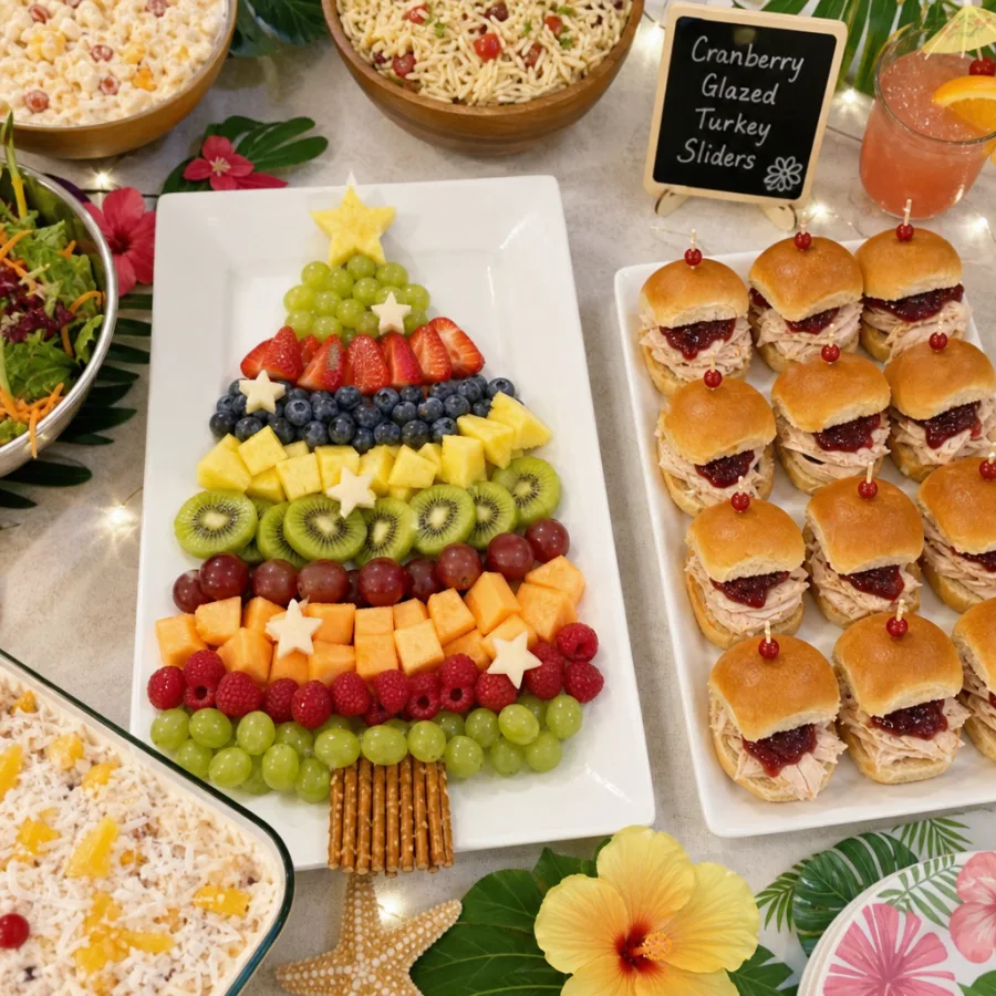 A beautifully arranged summer holiday buffet table featuring a Christmas tree-shaped fruit platter and cranberry-glazed turkey sliders