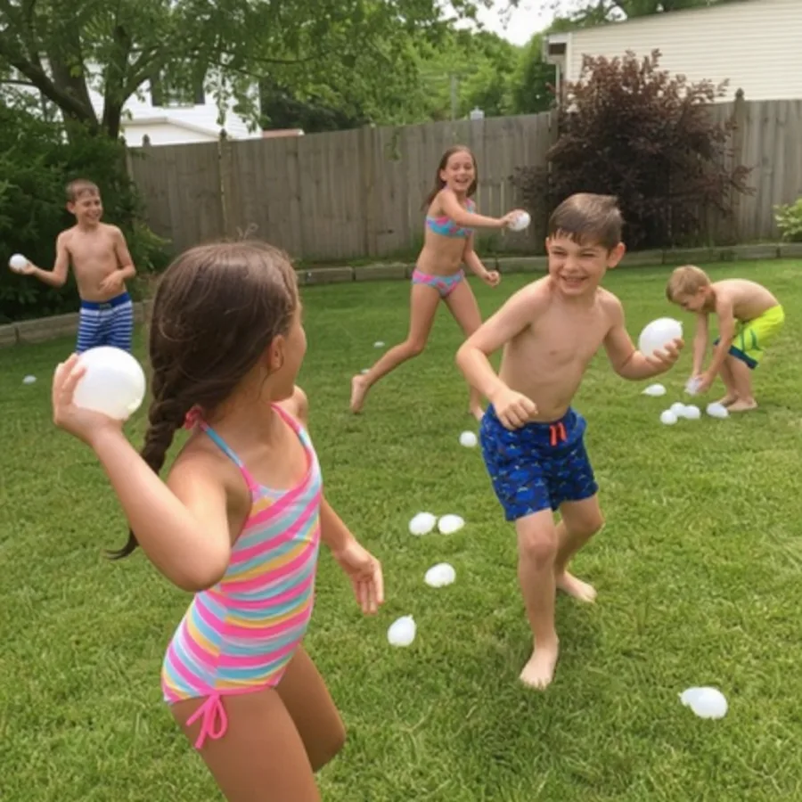 Kids in swimsuits throwing white water balloons in a grassy backyard for a summer snowball fight