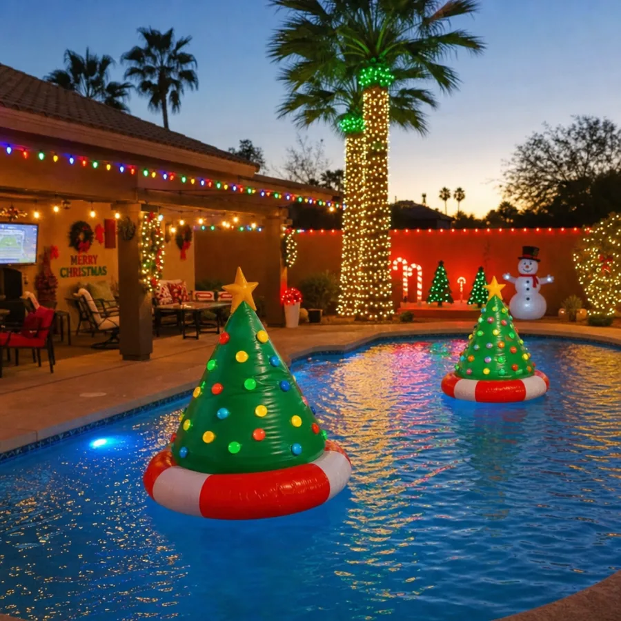 A brightly decorated backyard pool in Phoenix with floating Christmas tree pool toys and festive lights