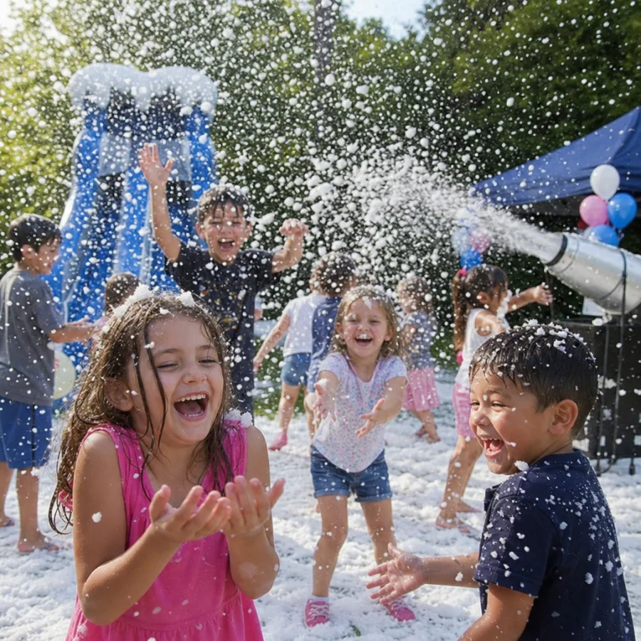 Children laughing and playing under a flurry of artificial snow from a snow machine at a sunny outdoor party
