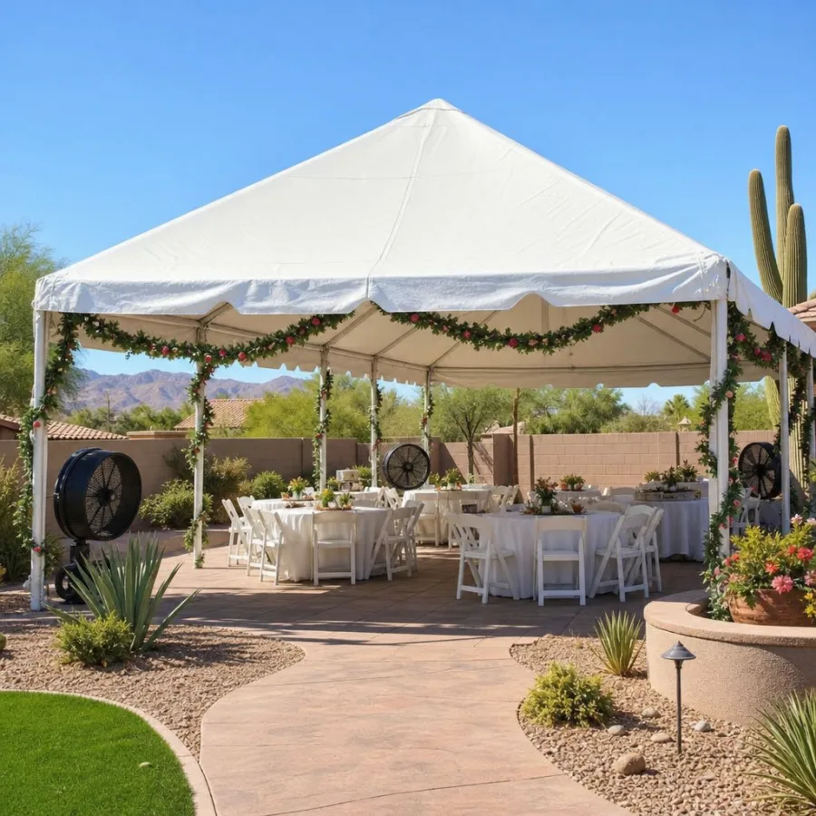 A large white event tent set up in an Arizona backyard with outdoor cooling fans and festive garland