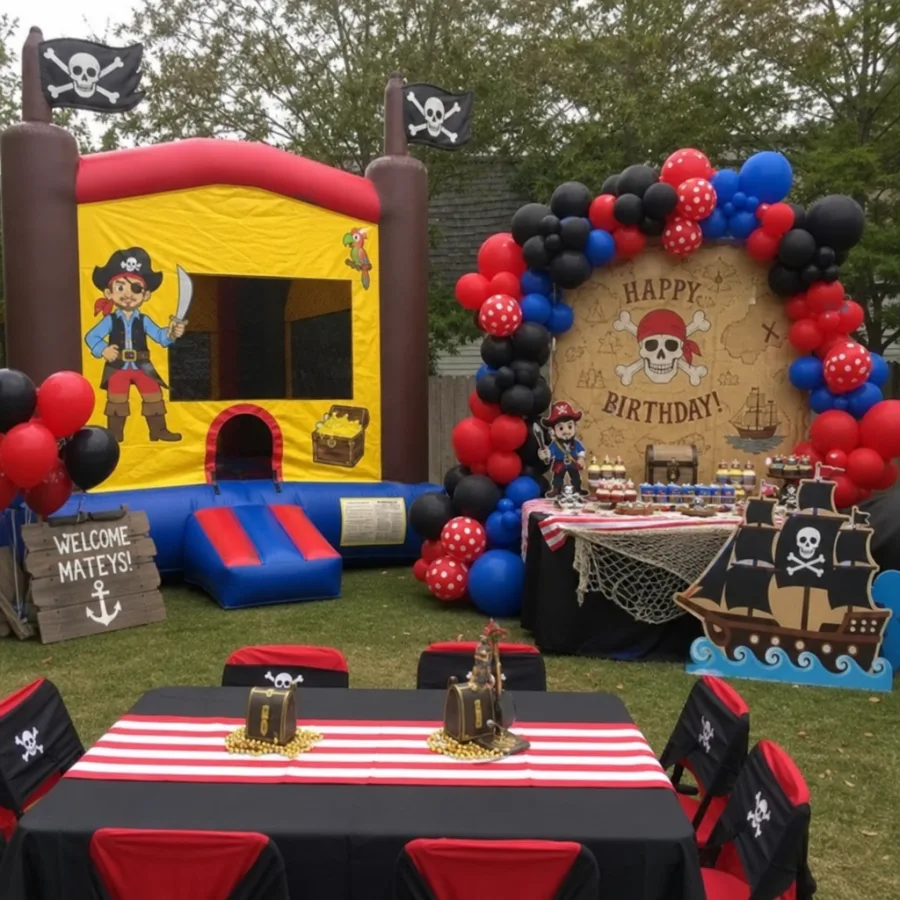 pirate party setup with bounce house decorations and balloons
