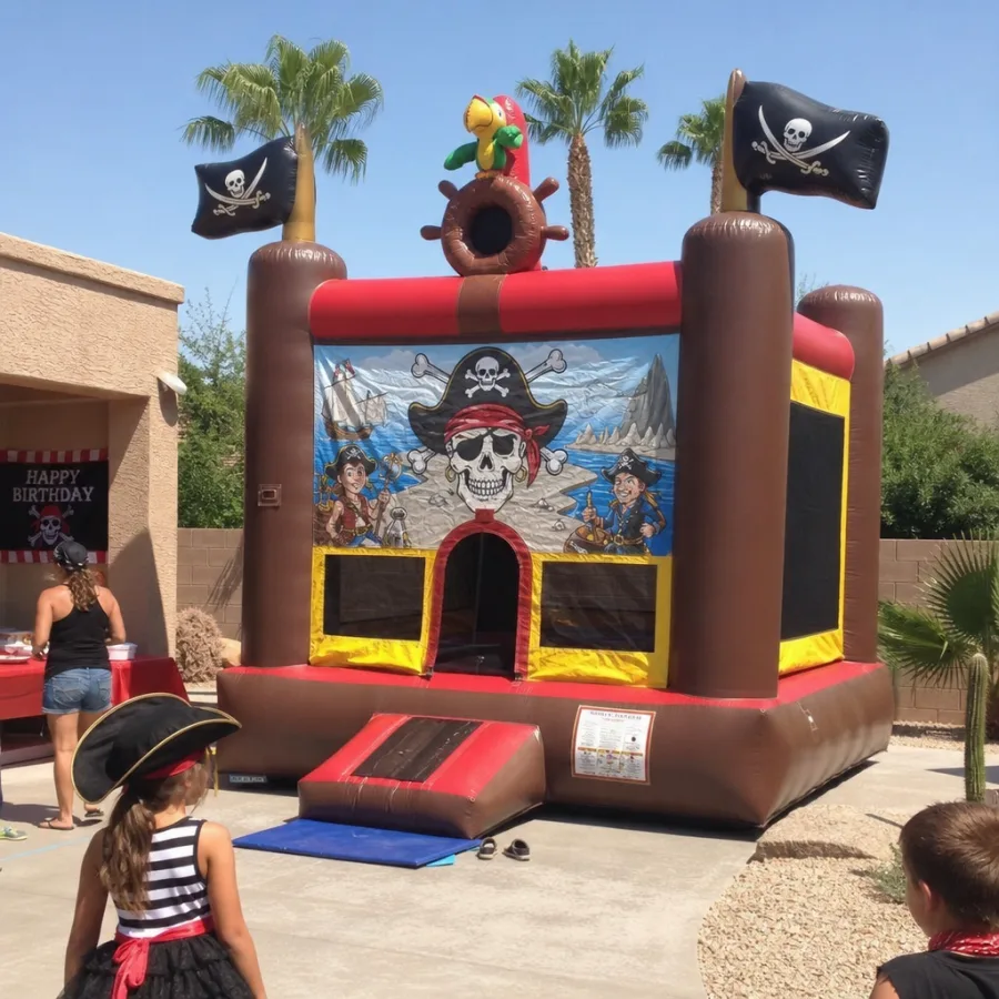 pirate-themed bounce house set up at a Phoenix backyard party