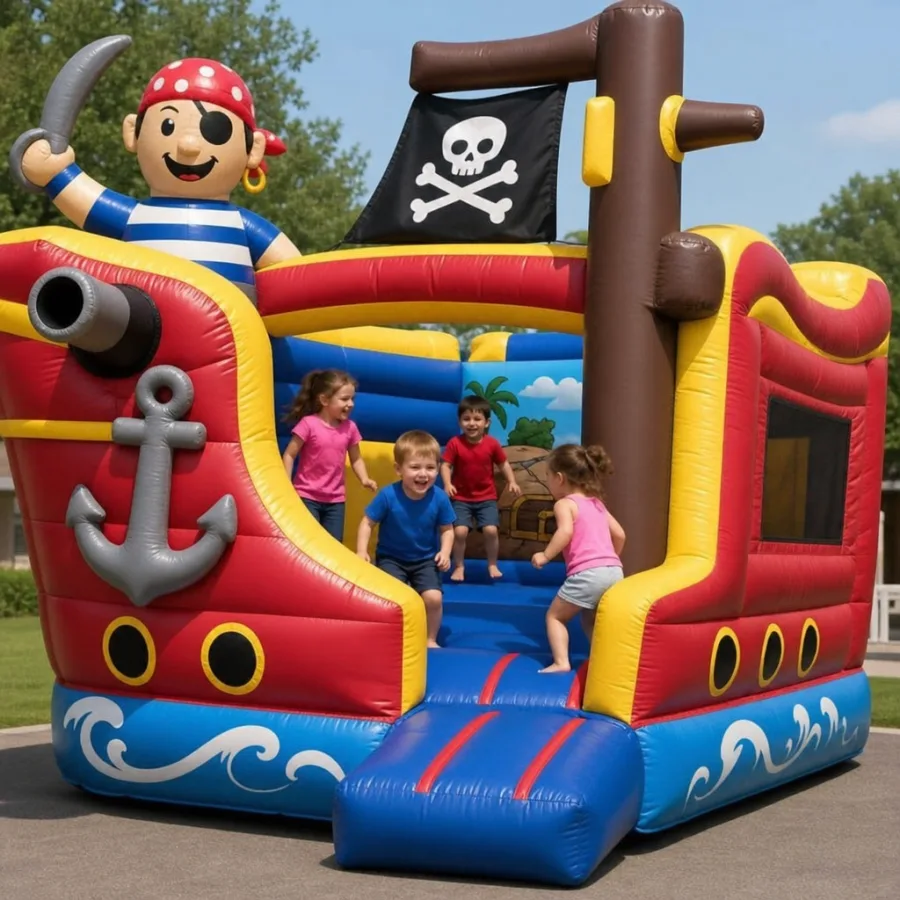 children playing in a colorful pirate ship bounce house