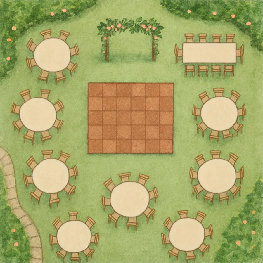 A detailed top-down view of a backyard wedding layout showing tables, chairs, and a dance floor