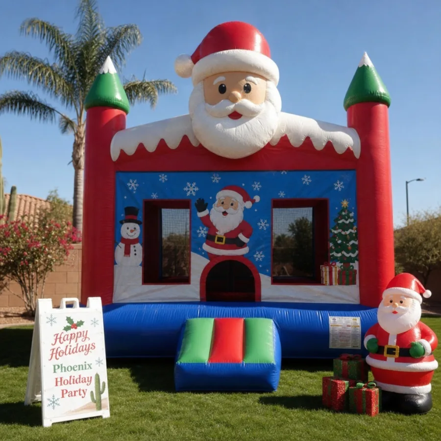 Santa-themed bounce house set up for a Phoenix holiday party