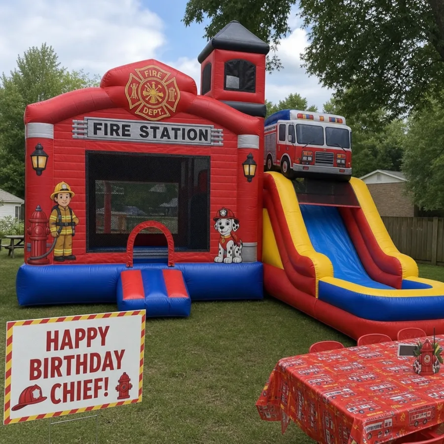 Fire station themed combo bounce house set up for a kids birthday party