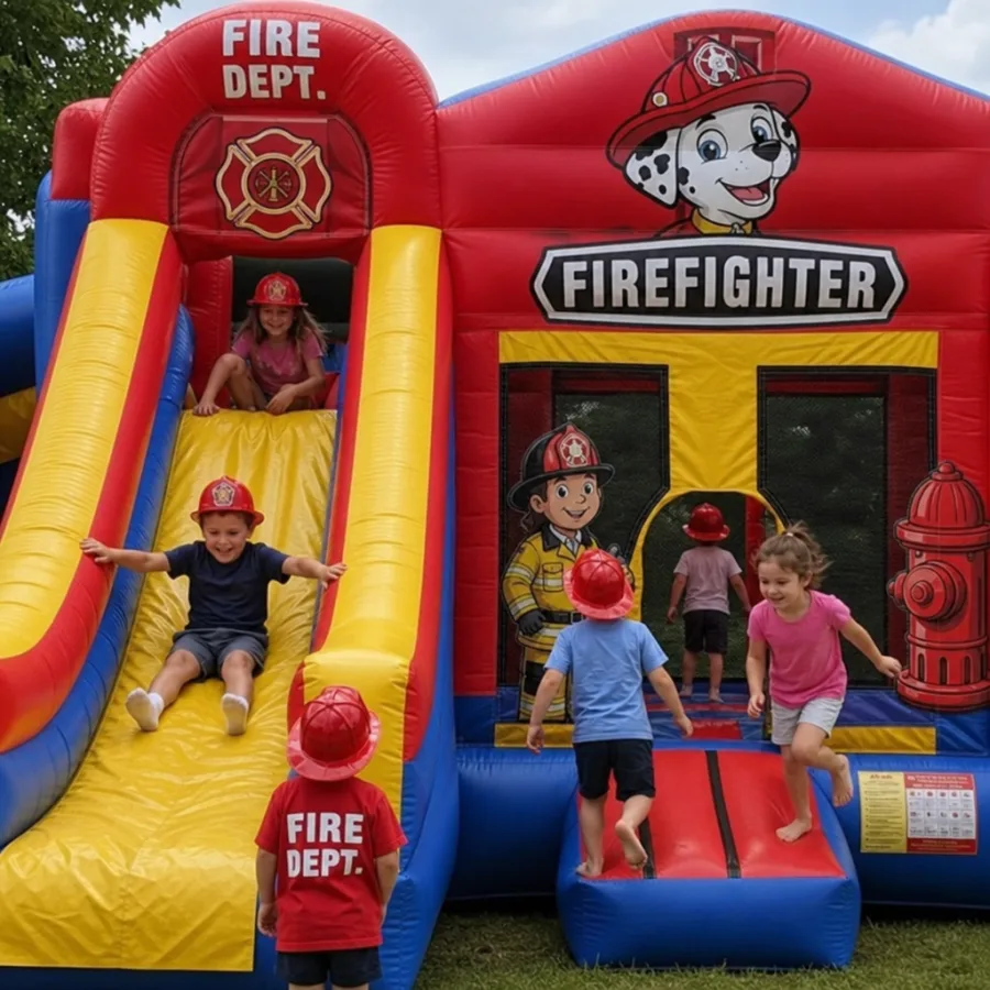 Children enjoying a firefighter themed inflatable slide and bounce area