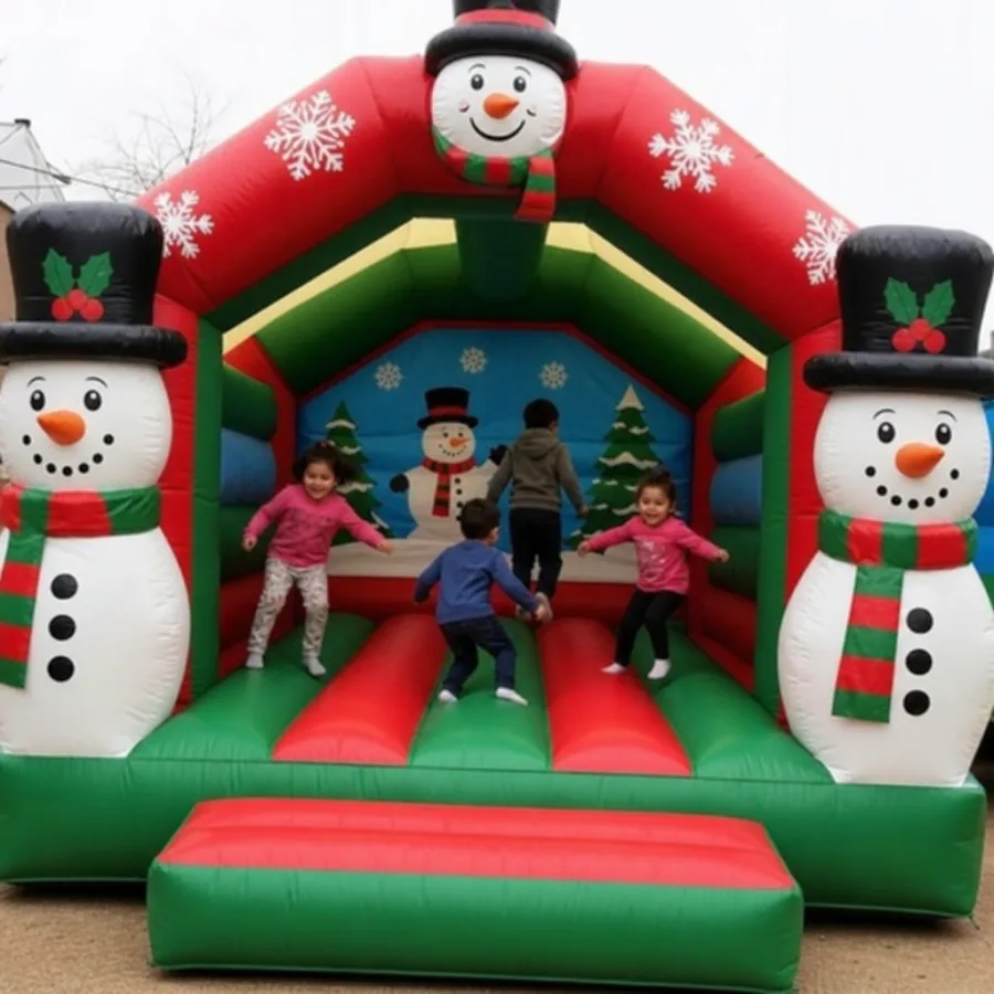 Children playing inside a Christmas bounce house with snowman decorations
