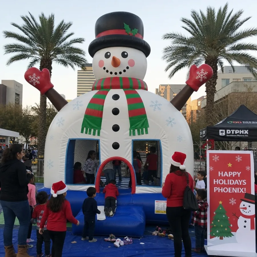 Holiday snowman bounce house at a Phoenix Christmas party