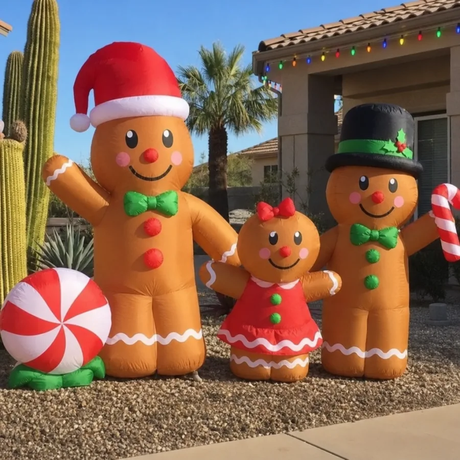 Colorful gingerbread inflatables used as holiday decor in Phoenix