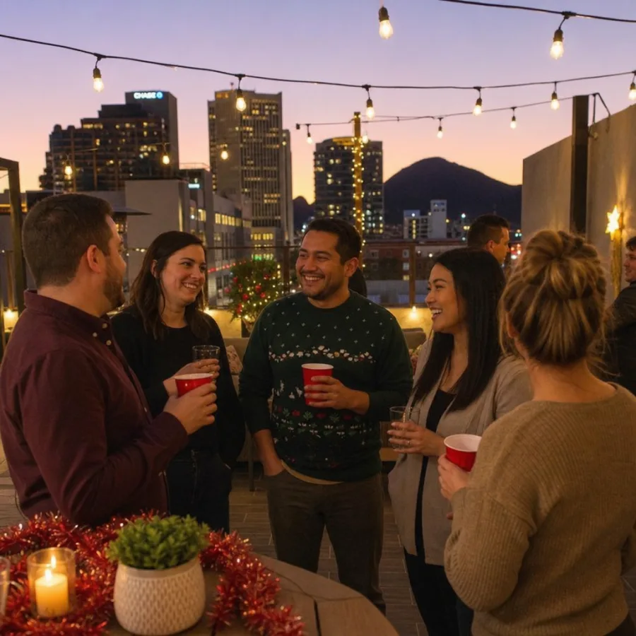 Coworkers celebrating under holiday lights at an outdoor corporate party