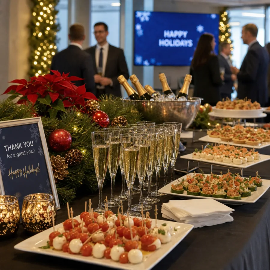 Seasonal appetizers and warm drinks set up for a company holiday party
