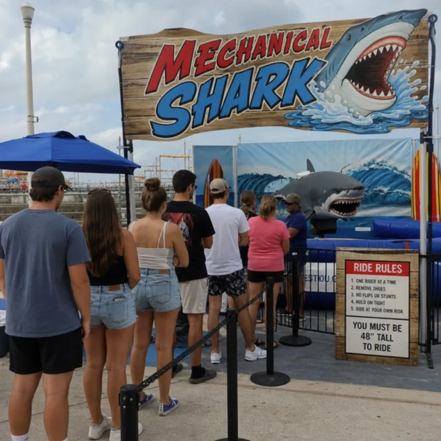 Guests lined up for a mechanical shark attraction