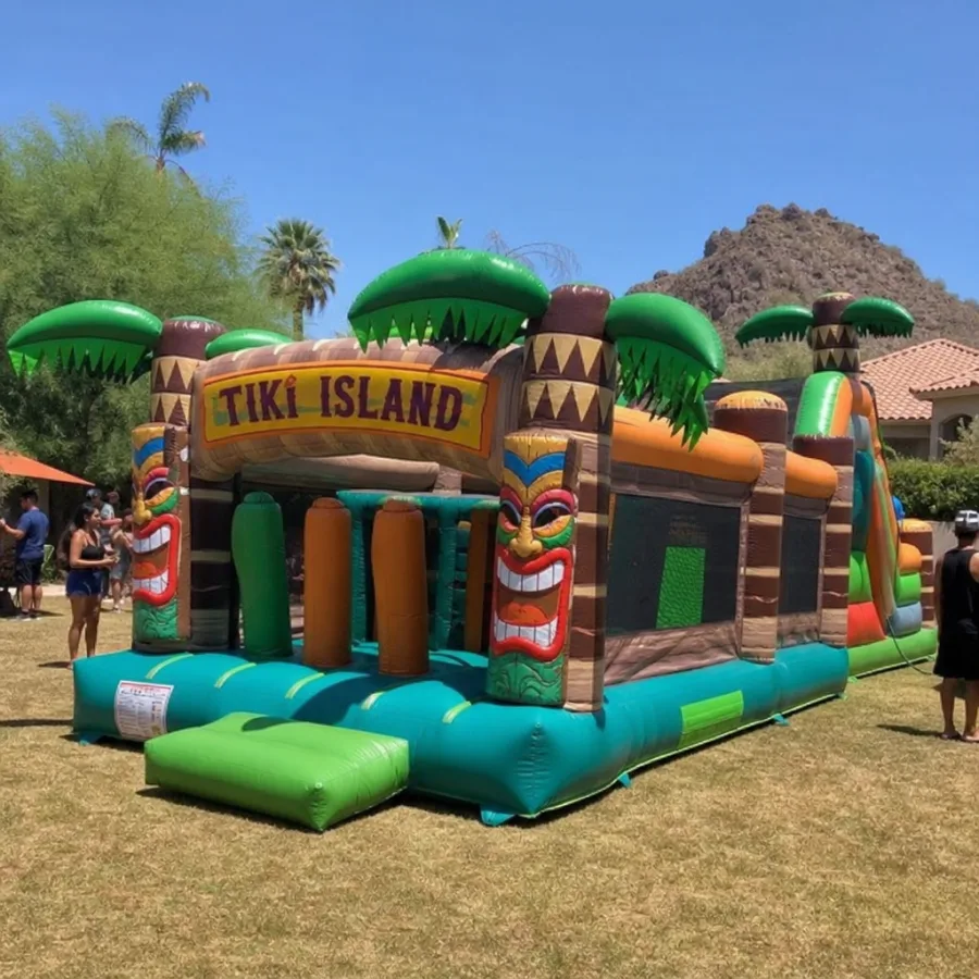 Tropical tiki obstacle course inflatable at an outdoor Phoenix party