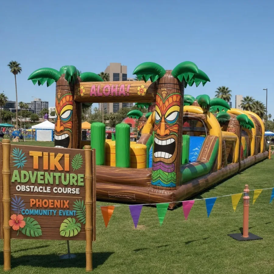 Tiki themed inflatable obstacle course set up for a Phoenix community event