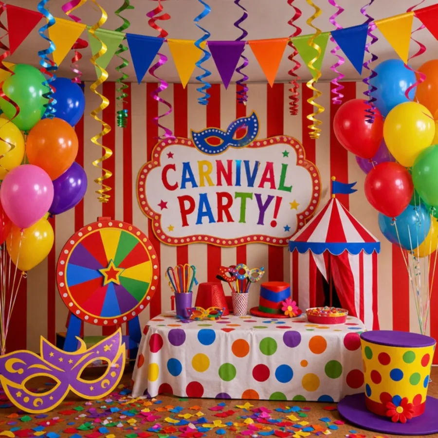 Colorful carnival party decorations with balloons and streamers