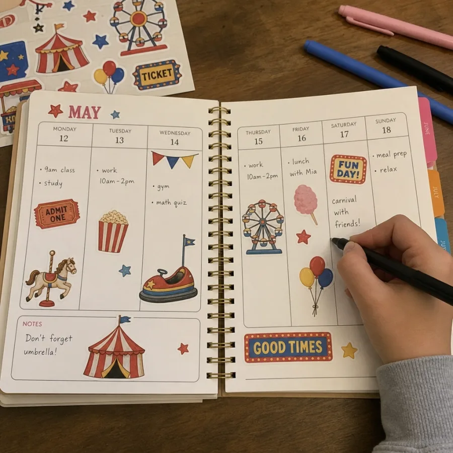 Person writing in a planner with carnival themed stickers