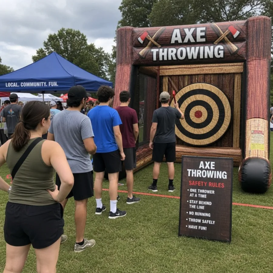 Guests lining up to play inflatable axe throwing at an outdoor event