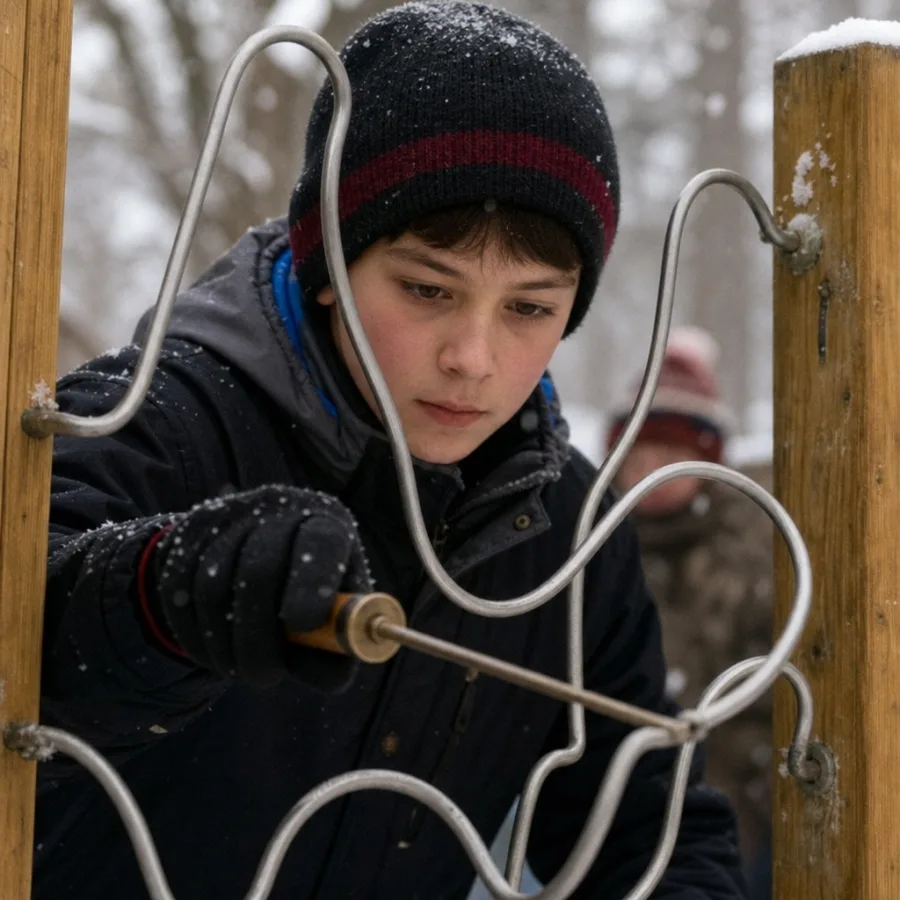 Close-up of a player guiding a wand through a winter megawire course