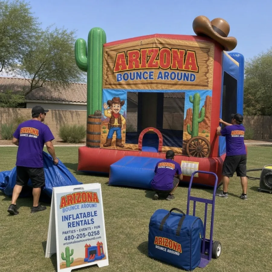 Arizona Bounce Around team setting up a themed inflatable rental